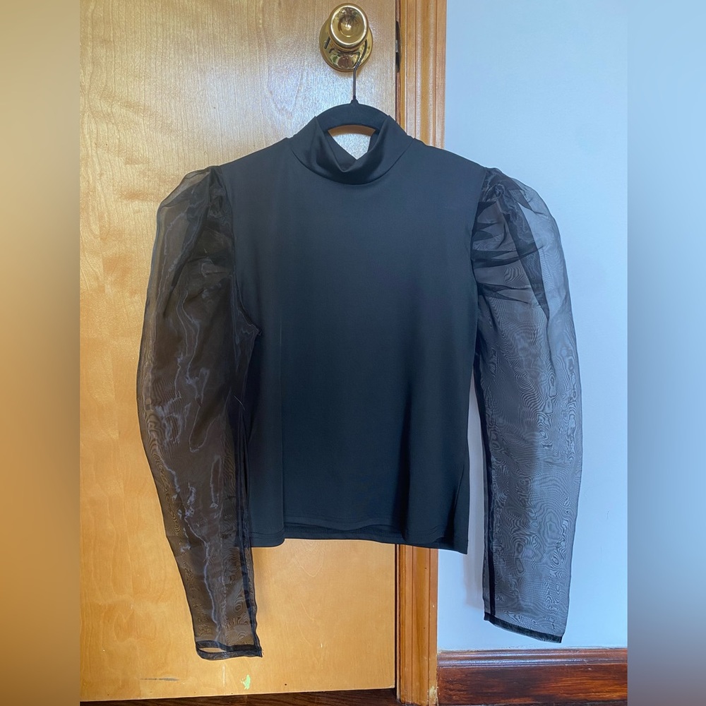 Sheer black puff sleeve mock neck top